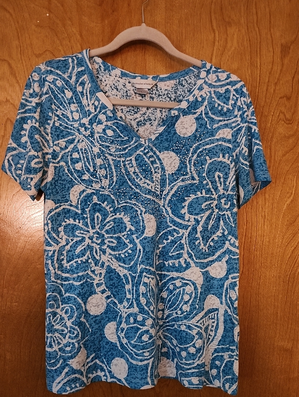 Christopher & Banks Teal-Blue White Floral V-Neck Tee